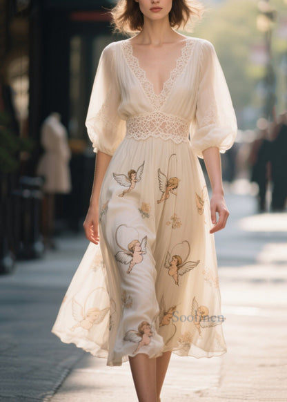 Apricot Print Lace Patchwork Chiffon Dress Summer