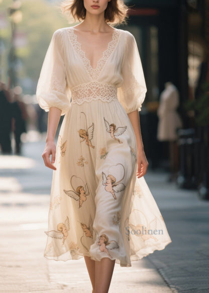 Apricot Print Lace Patchwork Chiffon Dress Summer
