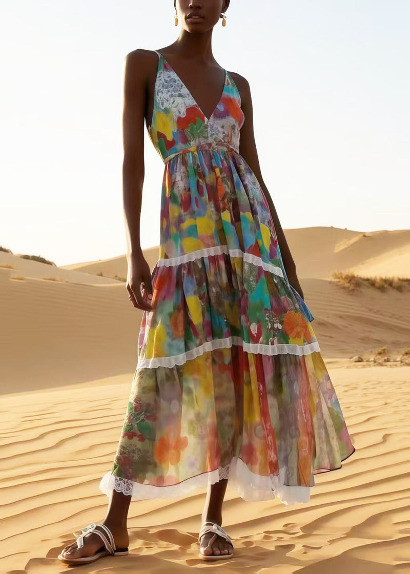 Apricot Print Patchwork Lace Chiffon Sundress Summer