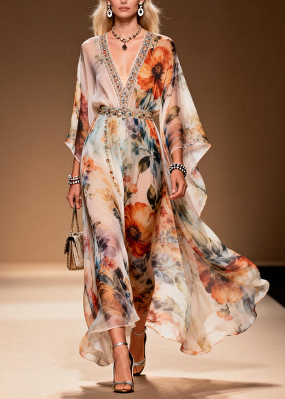 Apricot Print Zircon Chiffon Holiday Dresses Summer