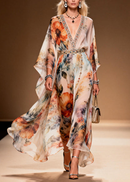 Apricot Print Zircon Chiffon Holiday Dresses Summer