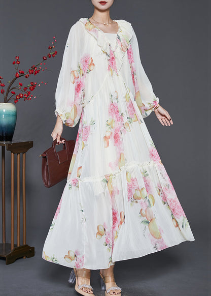 Apricot Ruffled Print Chiffon Long Dresses Spring