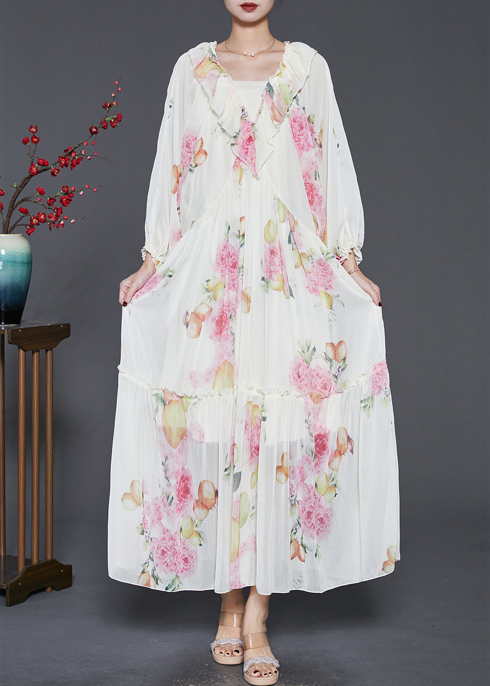 Apricot Ruffled Print Chiffon Long Dresses Spring