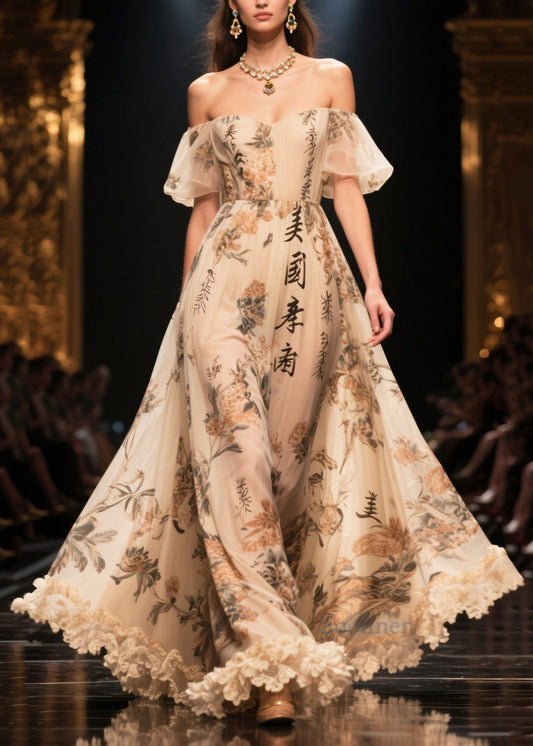 Apricot Ruffled Print Exra Large Hem Chiffon Dress Summer