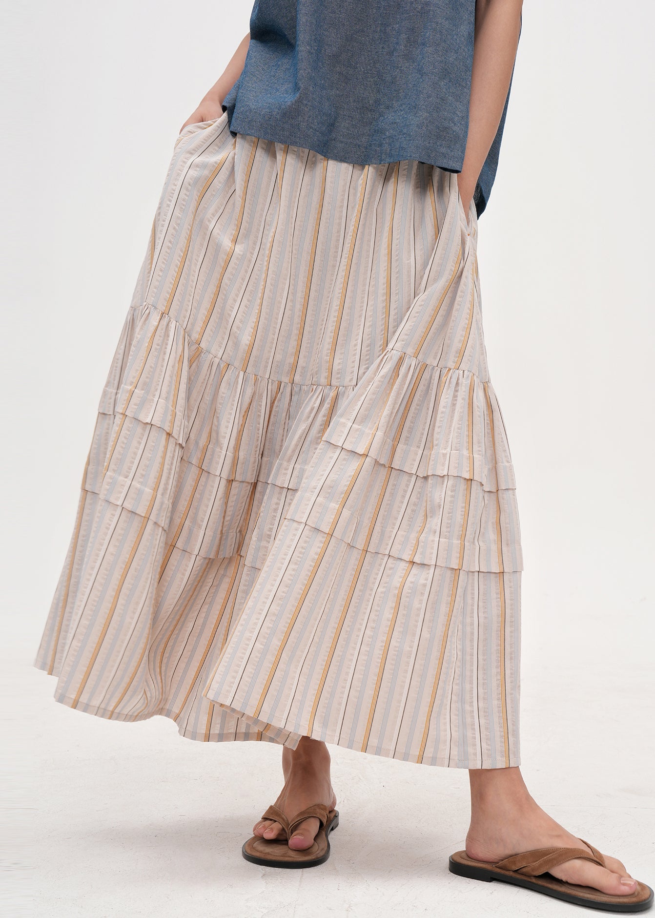 Apricot Striped Patchwork Cotton Skirt Summer