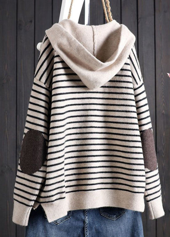 Apricot Striped Patchwork Drawstring Hooded Knitted Cotton Thread Sweaters Fall