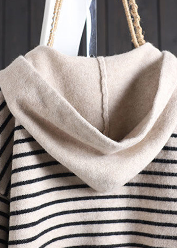 Apricot Striped Patchwork Drawstring Hooded Knitted Cotton Thread Sweaters Fall