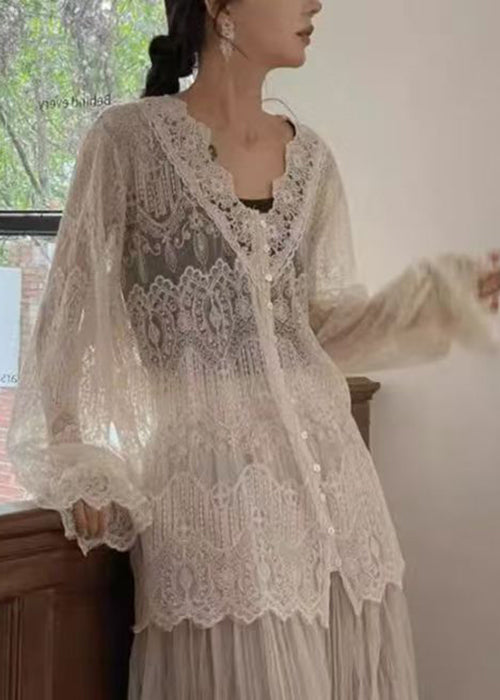 Apricot V Neck Button Lace Shirt Butterfly Sleeve