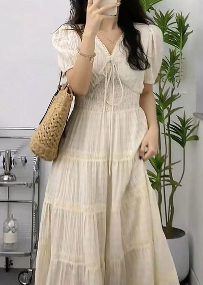 Apricot V Neck Cinched Patchwork Long Dress Short Sleeve