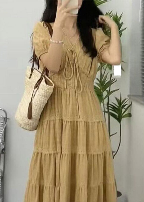 Apricot V Neck Cinched Patchwork Long Dress Short Sleeve