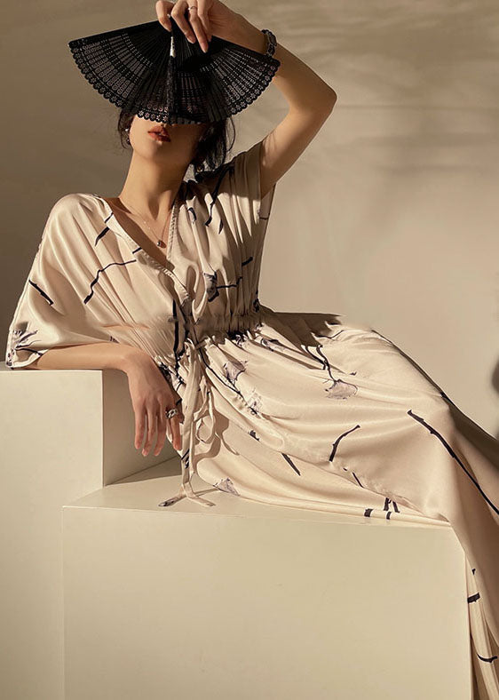 Apricot V Neck Ink Print Drawstring Silk Cinch Dresses Summer