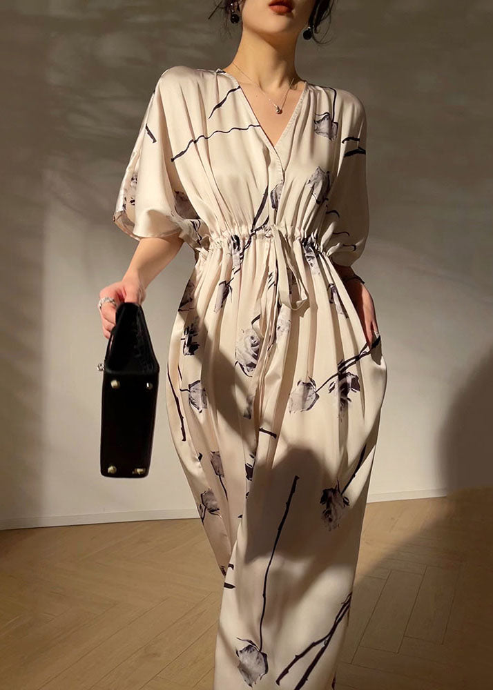 Apricot V Neck Ink Print Drawstring Silk Cinch Dresses Summer