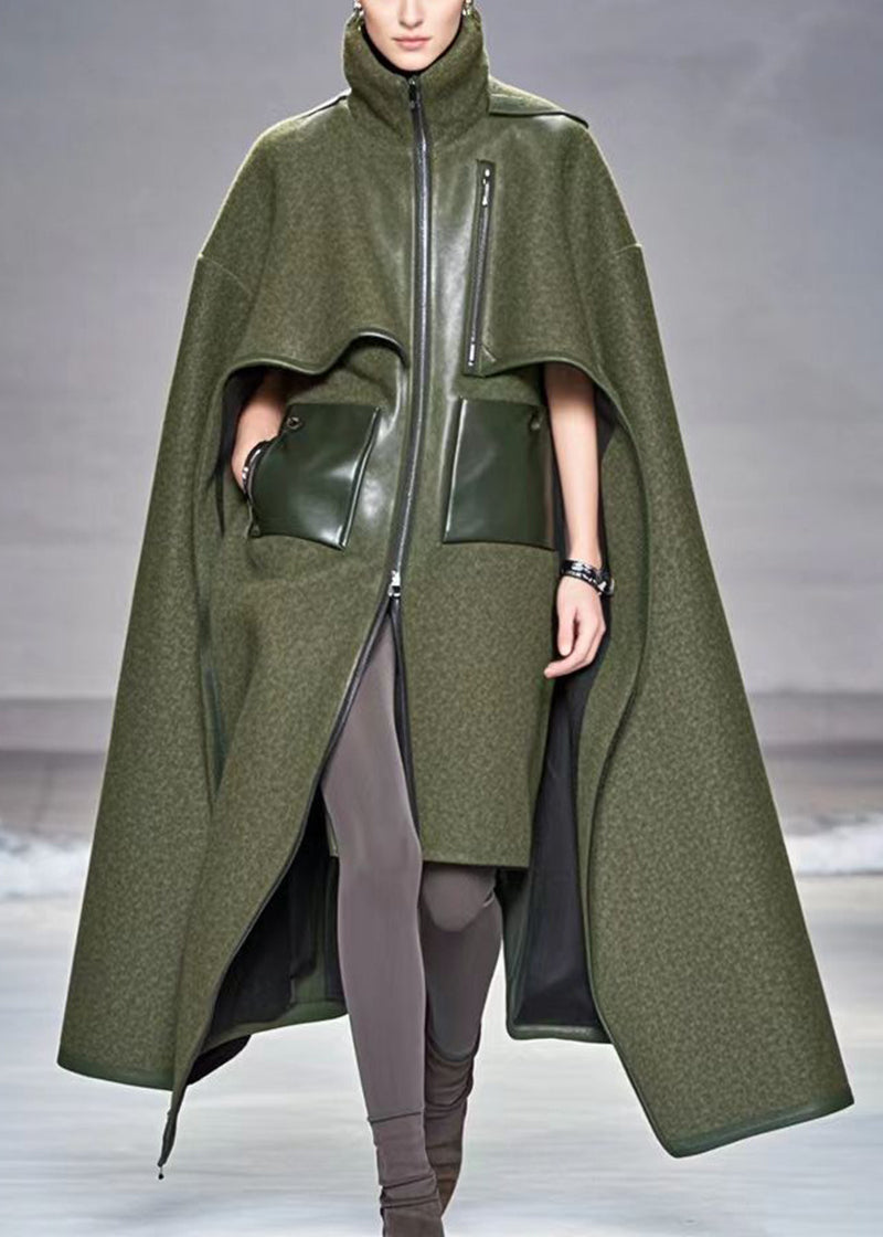 Army Green Asymmetrical Patchwork Woolen Coats Fall