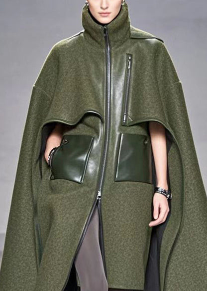 Army Green Asymmetrical Patchwork Woolen Coats Fall