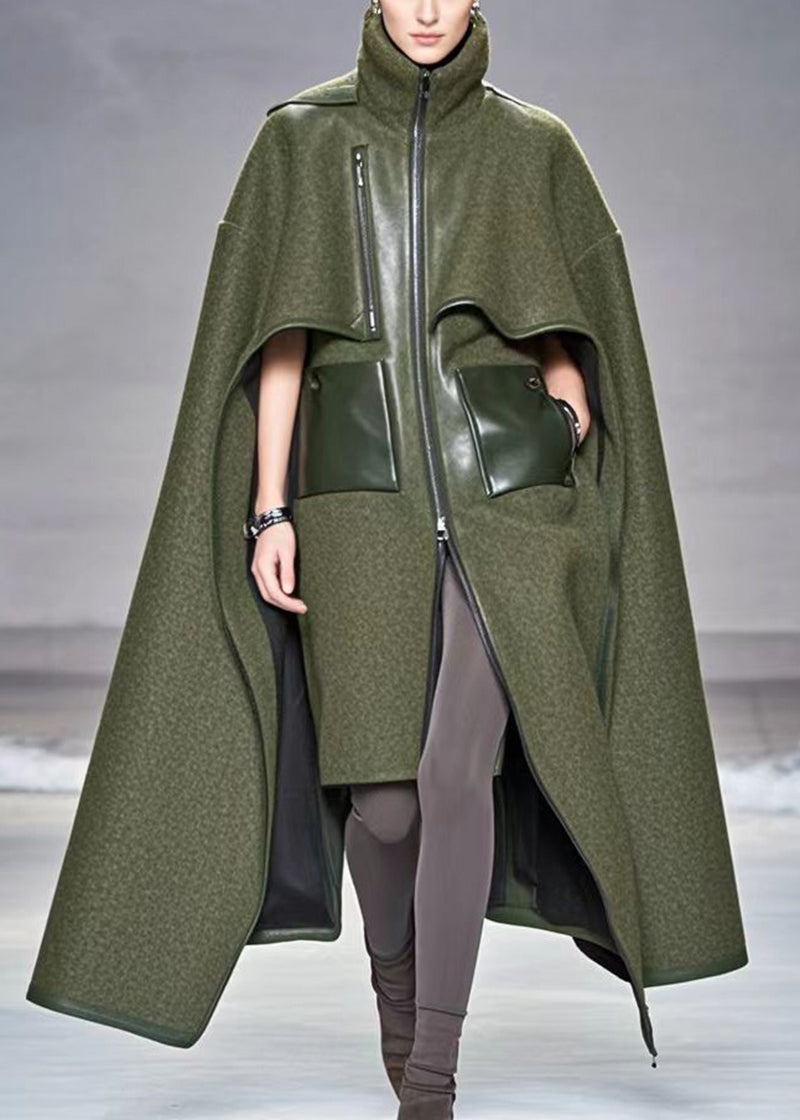 Army Green Asymmetrical Patchwork Woolen Coats Fall