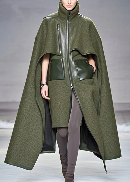 Army Green Asymmetrical Patchwork Woolen Coats Fall