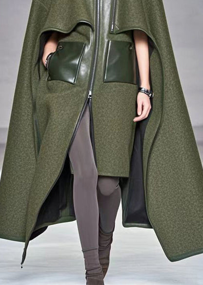 Army Green Asymmetrical Patchwork Woolen Coats Fall