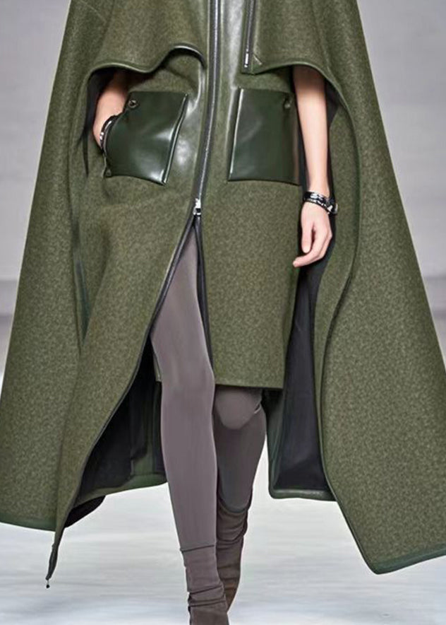 Army Green Asymmetrical Patchwork Woolen Coats Fall