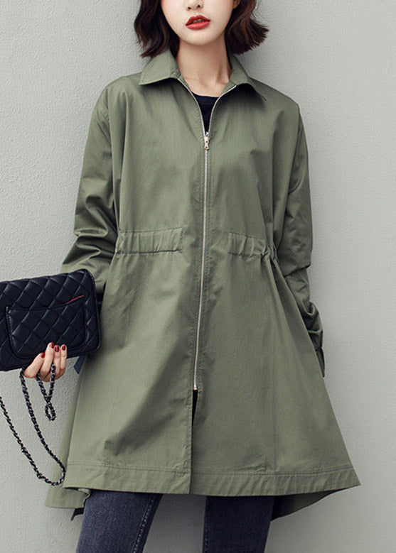 Army Green Peter Pan Collar Zippered Drawstring Cotton Long Trench Coats Spring