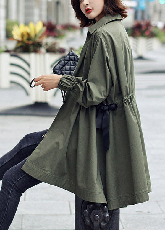 Army Green Peter Pan Collar Zippered Drawstring Cotton Long Trench Coats Spring