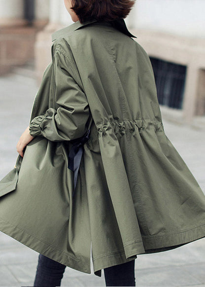 Army Green Peter Pan Collar Zippered Drawstring Cotton Long Trench Coats Spring