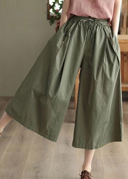 Army Green Pockets Patchwork Cotton Crop Pants Summer