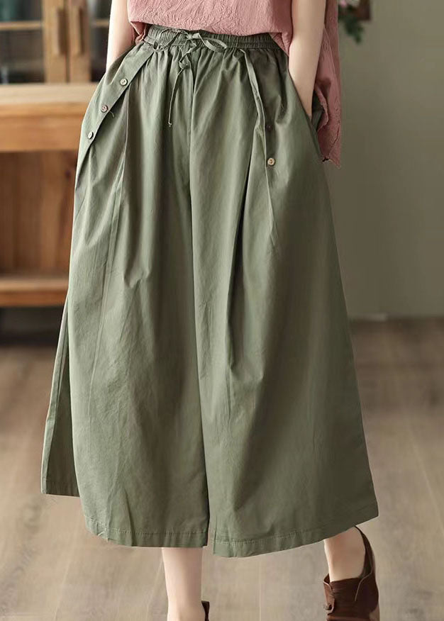 Army Green Pockets Patchwork Cotton Crop Pants Summer