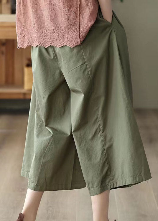 Army Green Pockets Patchwork Cotton Crop Pants Summer