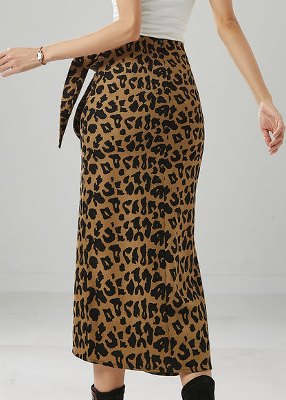 Asymmetrical Leopard Print Side Open Cotton Skirt Fall