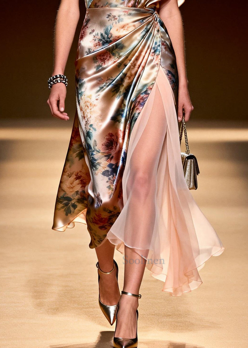 Beige Asymmetrical Patchwork Chiffon Ankle Dress Summer