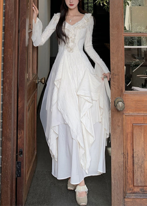 Beige Asymmetrical Ruffled Tulle Patchwork Cotton Dresses Flare Sleeve