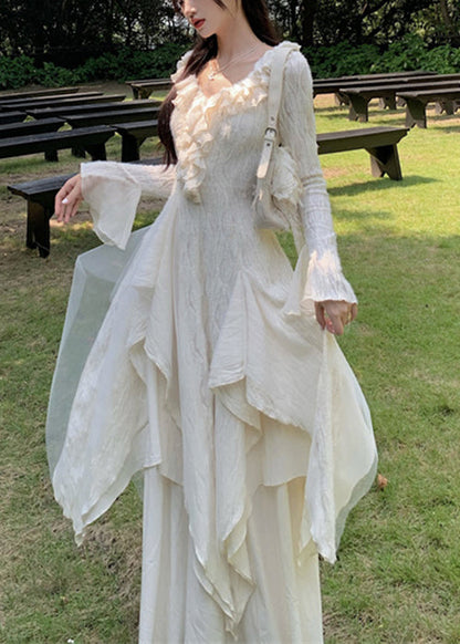 Beige Asymmetrical Ruffled Tulle Patchwork Cotton Dresses Flare Sleeve