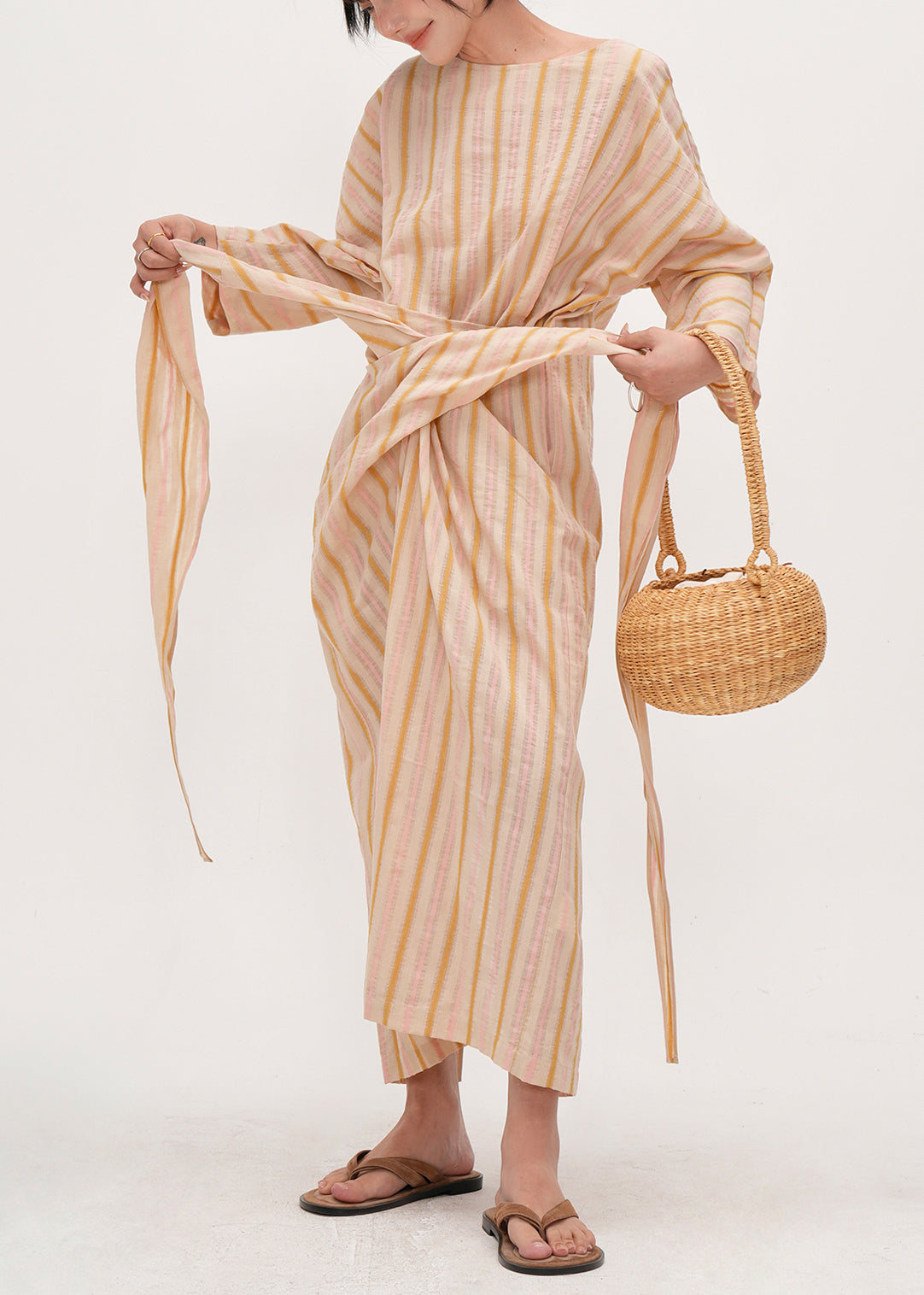 Beige Asymmetrical Striped Cotton Tunic Dress Fall