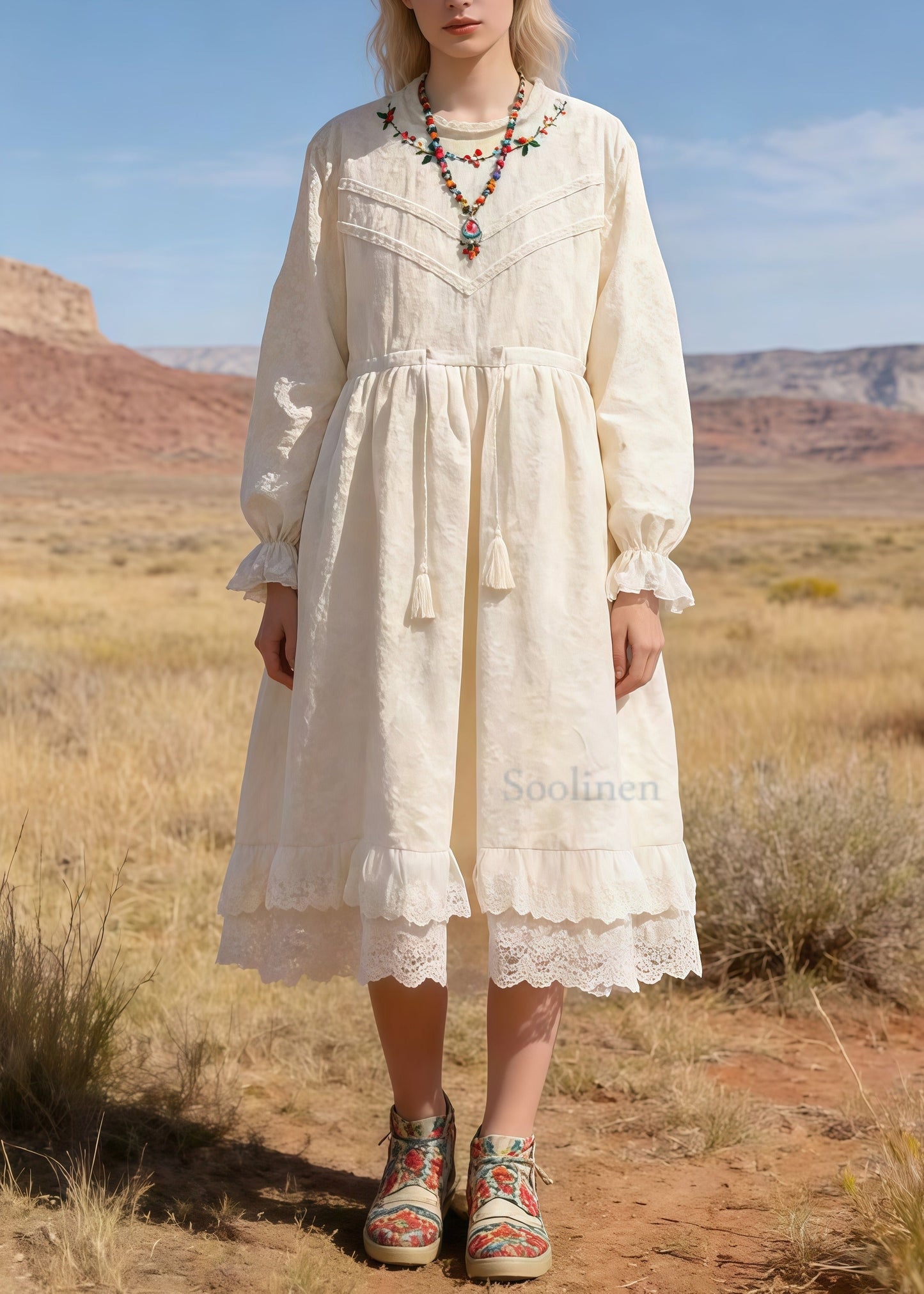 Beige Embroidered Patchwork Lace Tunic Dresses Spring
