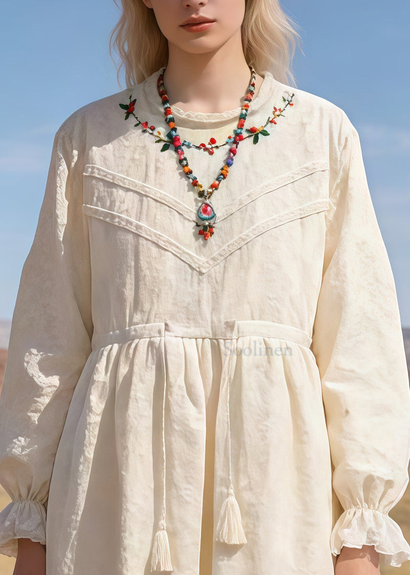Beige Embroidered Patchwork Lace Tunic Dresses Spring