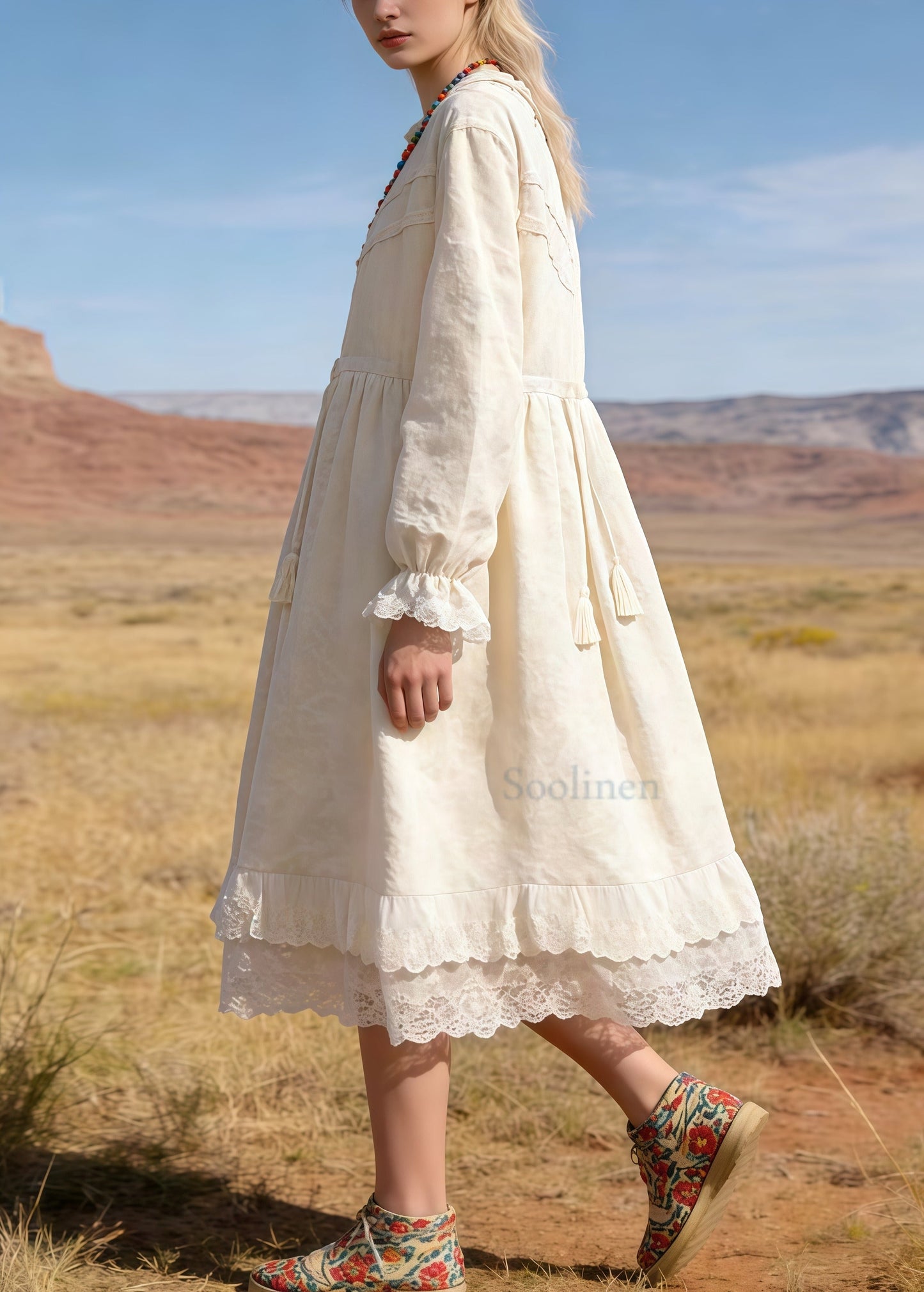 Beige Embroidered Patchwork Lace Tunic Dresses Spring