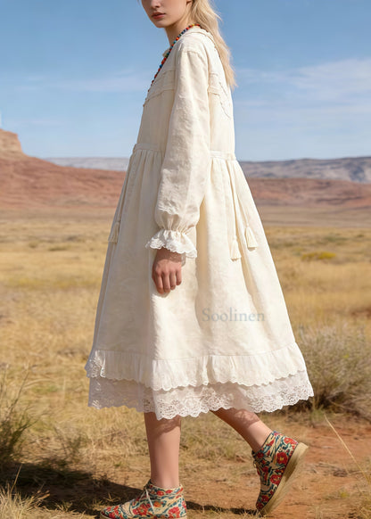 Beige Embroidered Patchwork Lace Tunic Dresses Spring