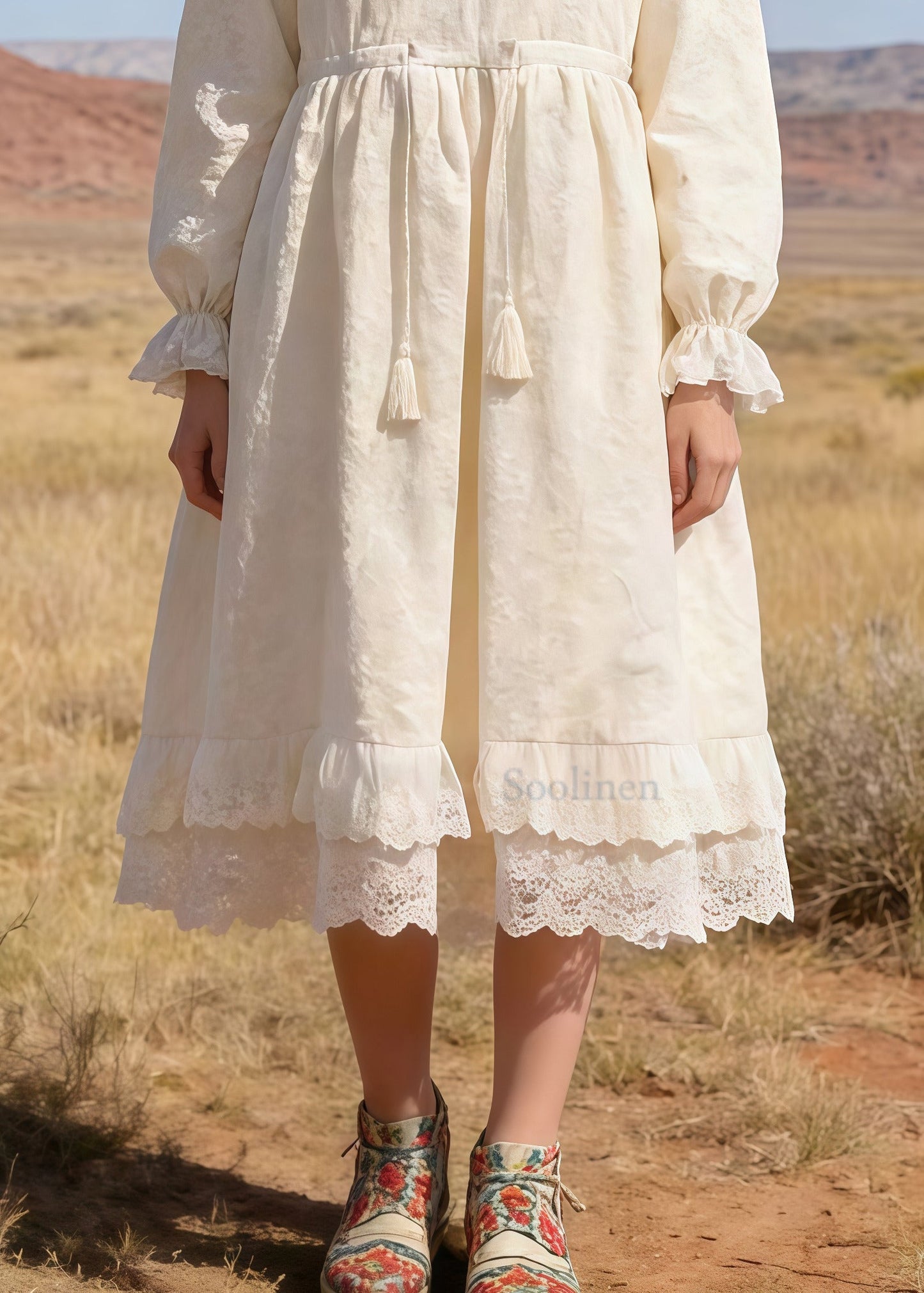 Beige Embroidered Patchwork Lace Tunic Dresses Spring