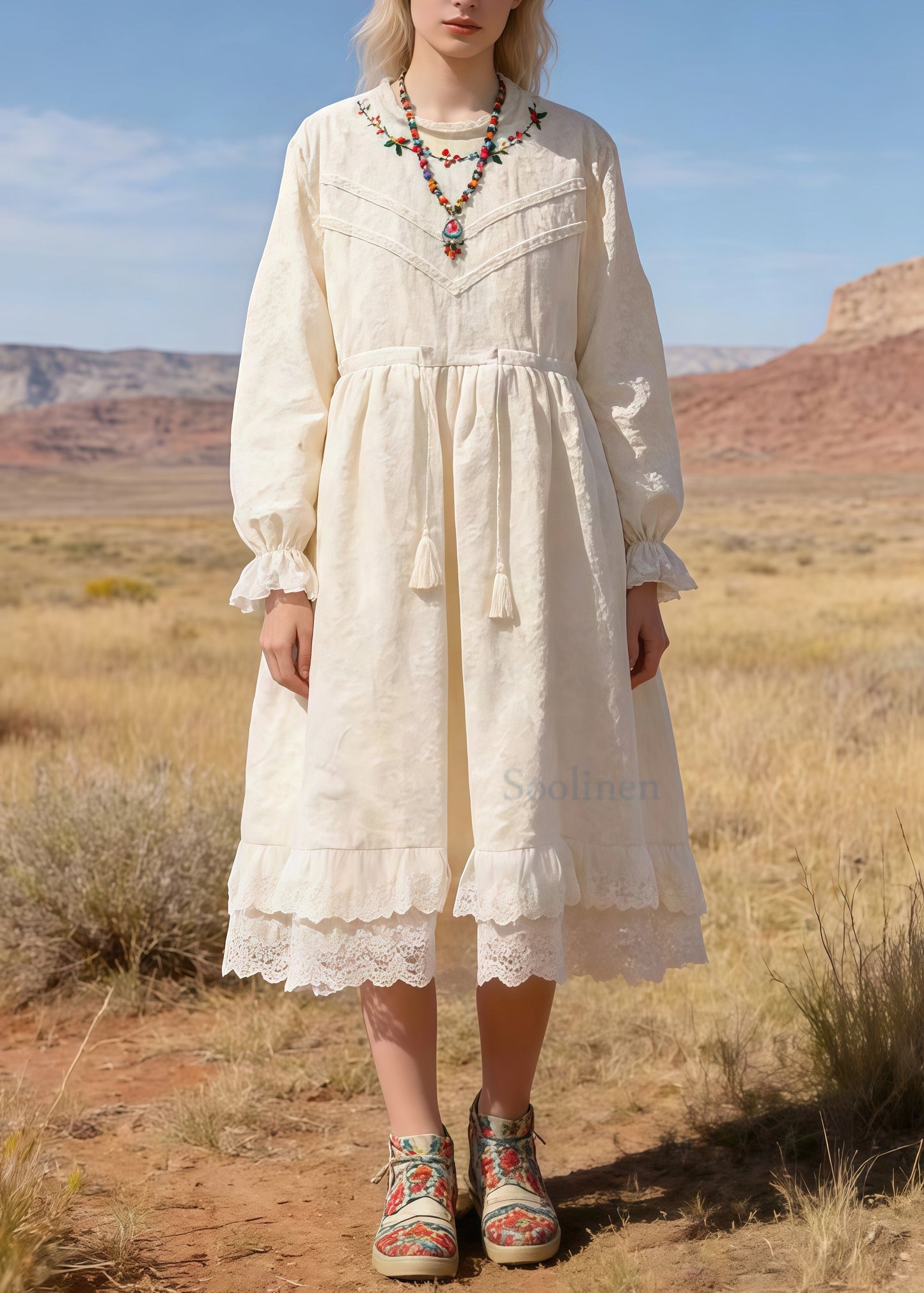 Beige Embroidered Patchwork Lace Tunic Dresses Spring
