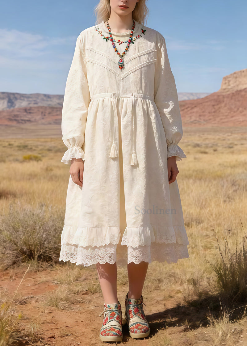 Beige Embroidered Patchwork Lace Tunic Dresses Spring