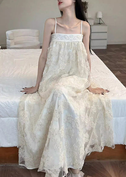 Beige Embroidered Tulle Patchwork Long Dresses Sleeveless