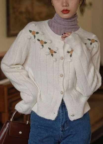 Beige Embroidered Button Patchwork Knit Coats Fall