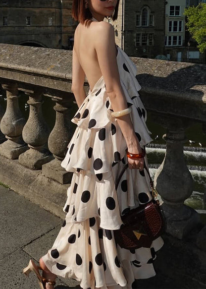 Beige Layered Ruffled Print Cotton Halter Dresses Summer