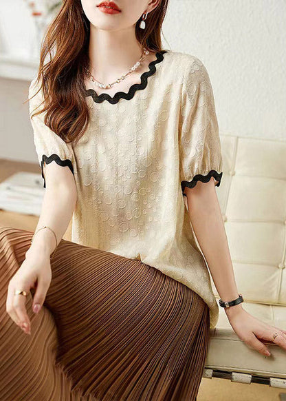 Beige O-neck Chiffon T Shirts Short Sleeve
