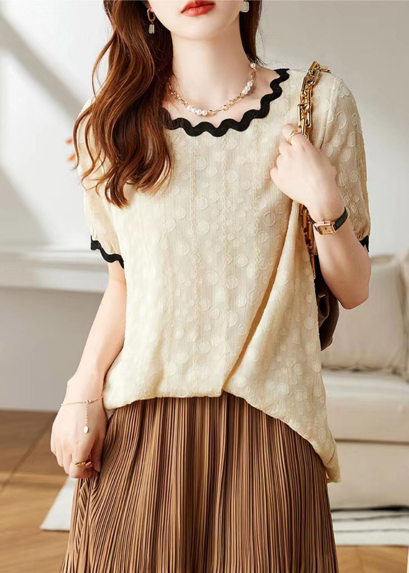 Beige O-neck Chiffon T Shirts Short Sleeve