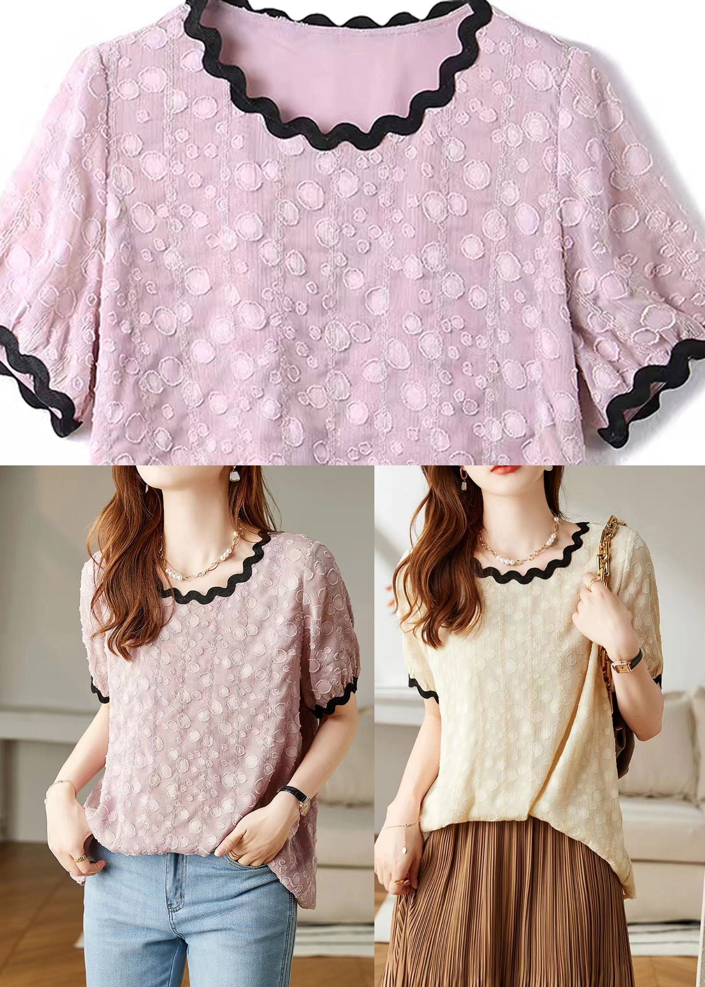 Beige O-neck Chiffon T Shirts Short Sleeve