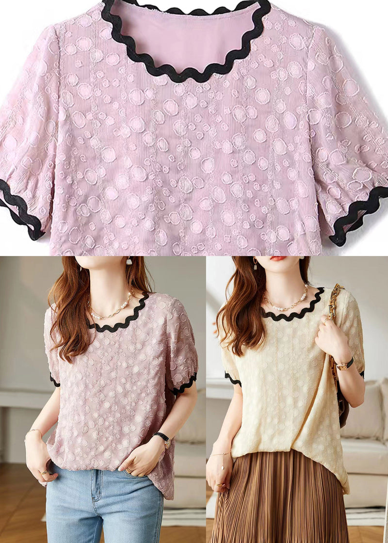 Beige O-neck Chiffon T Shirts Short Sleeve