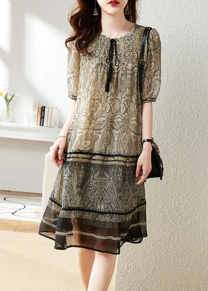 Beige O-neck Print Chiffon Maxi Dress Short Sleeve