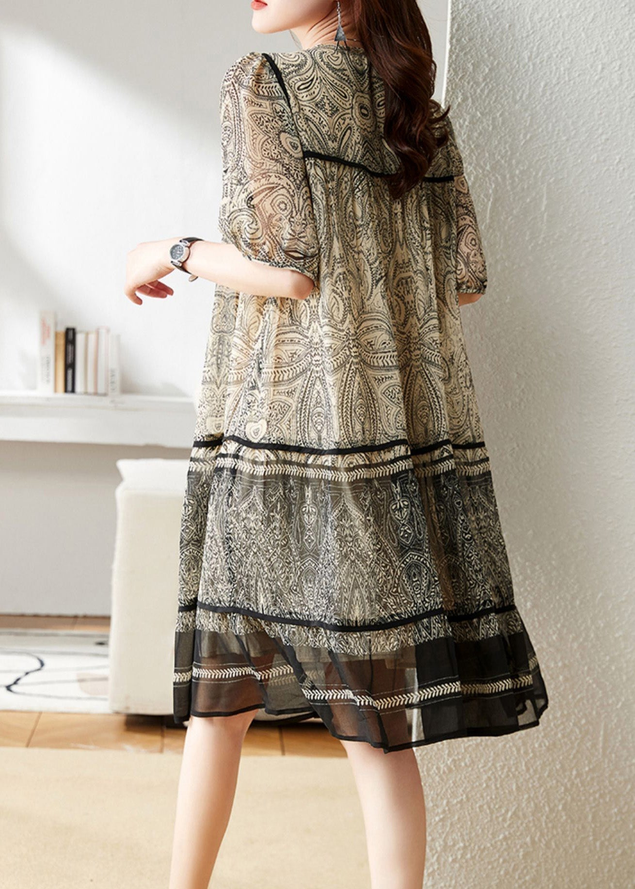 Beige O-neck Print Chiffon Maxi Dress Short Sleeve