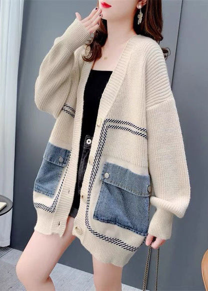 Beige Oversized Denim Patchwork Knit Cardigan Winter